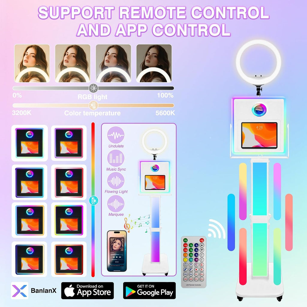RDYMONKEY Photo Booth for All iPad and for Camera Dualuse Customized Logo Selfie Station Shell Stand APP Control RGB Ring Light Music Sync Light Box Photobooth Machine with Honeycomb Box for Rental