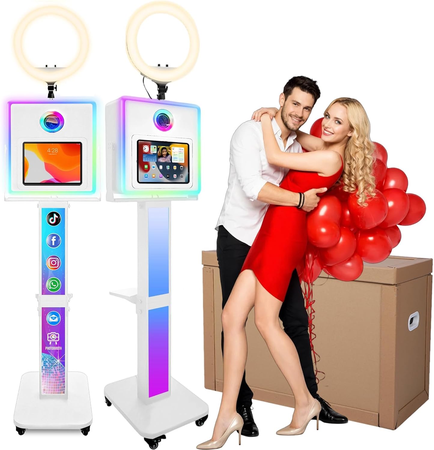 RDYMONKEY Photo Booth for All iPad and for Camera Dualuse Customized Logo Selfie Station Shell Stand APP Control RGB Ring Light Music Sync Light Box Photobooth Machine with Honeycomb Box for Rental