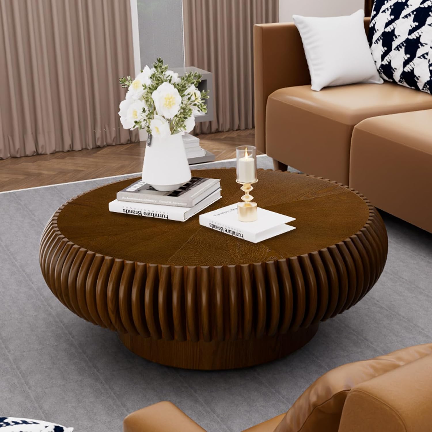 Round Drum Coffee Table for Living Room, Mid Century Modern Coffee Table with Sturdy Pedestal, Farmhouse Fluted Circle Center Table Accent Tea Table for Apartment (31.5' Walnut)
