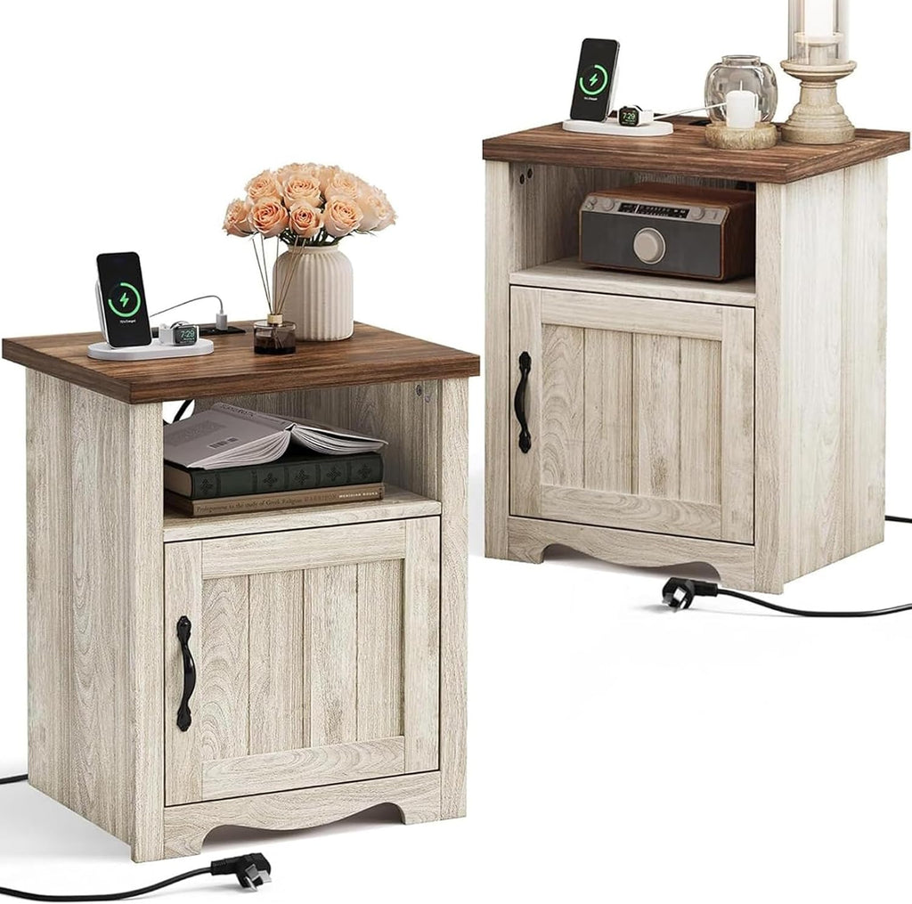 LINSY Farmhouse Night Stand Set of 2, 18.9' Wood End Table with Charging Station, Side Table for Bedroom, Living Room, Couch with USB Ports and Outlets, Nightstand with Storage, Beige