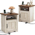 LINSY Farmhouse Night Stand Set of 2, 18.9' Wood End Table with Charging Station, Side Table for Bedroom, Living Room, Couch with USB Ports and Outlets, Nightstand with Storage, Beige