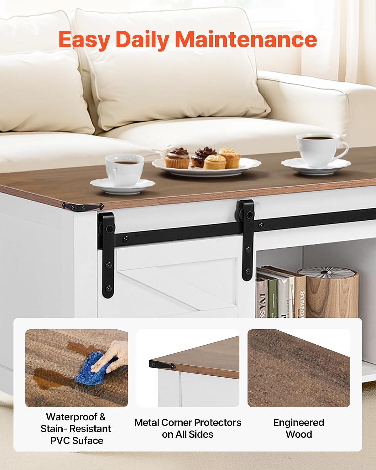 VEVOR 47.2'' Farmhouse Lift Top Coffee Table with Sliding Barn Door, Rustic Center Table with Hidden Storage Compartment, Rectangle Lifting Large Tabletop for Living Room, Office, Easy Assembly, White