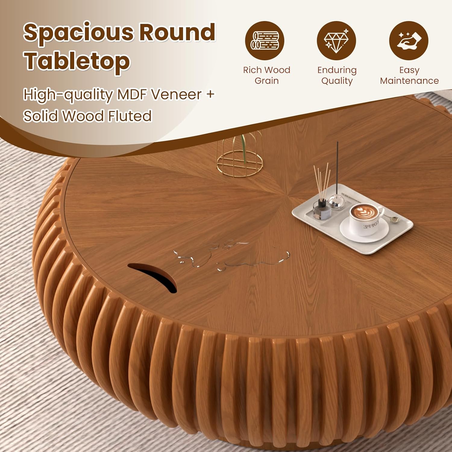 Fluted Round Coffee Table with Storage, 31.5' Modern Drum Wood Coffee Tables with Sturdy Base, Unique Circle Center Tea Table for Living Room Apartment Small Spaces (31.49' Brown with Storage)
