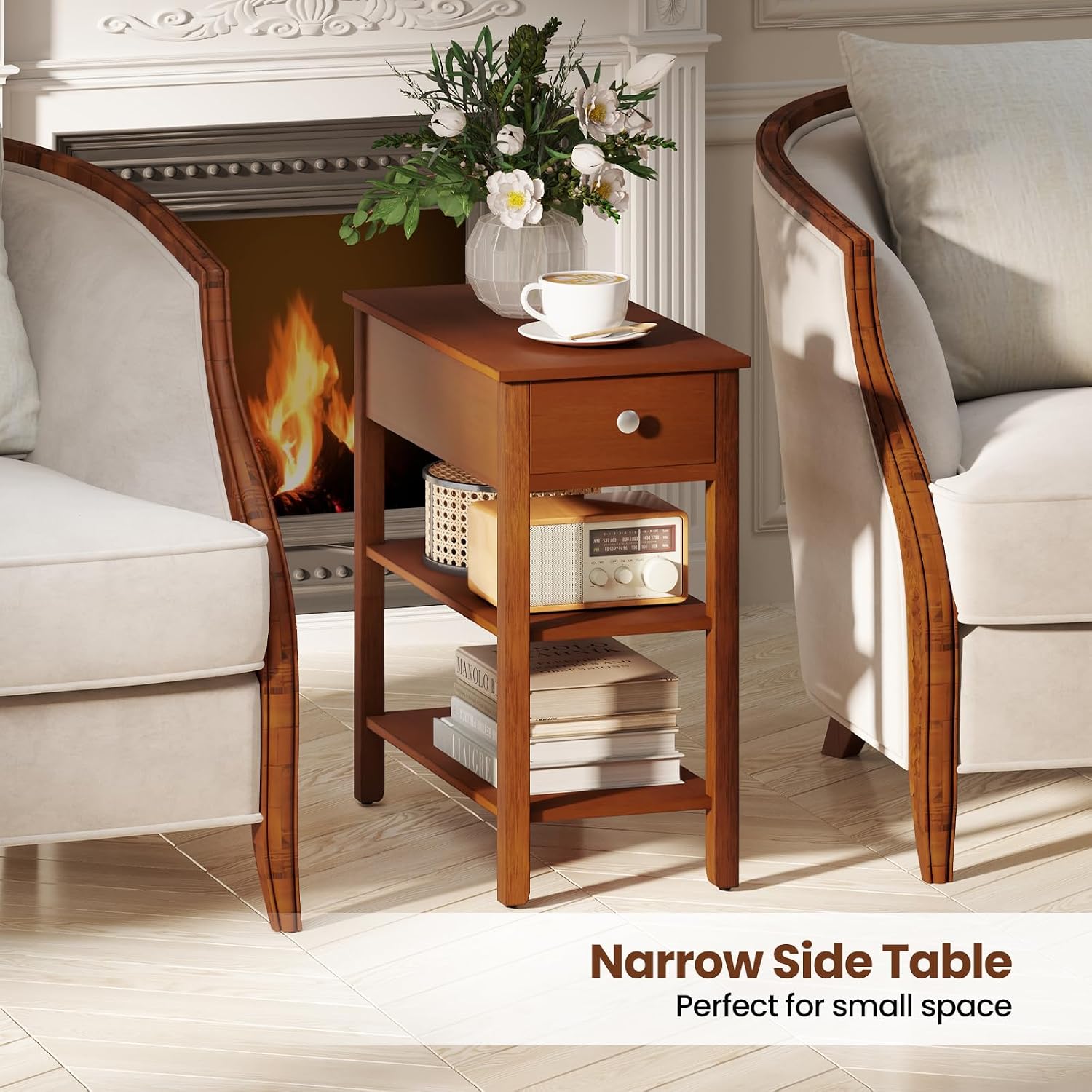 Giantex Narrow End Table Set of 2, Farmhouse Side Tables with Drawer & Storage Shelves, Wood Sofa Side Tables, 3-Tier Nightstands for Small Space, Living Room, Bedroom, 23.5'L x 12'W x 24.5'H, Brown