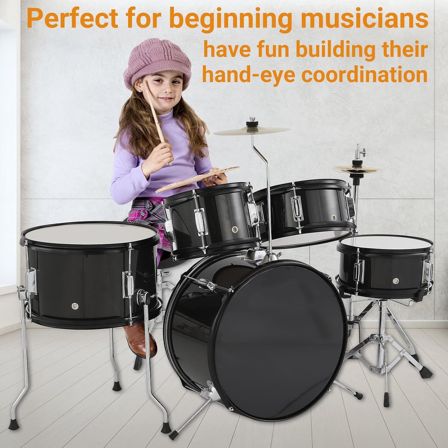 5-Piece 16 Inch Kids Drum Set, Junior Drum Kit with Bass Drum, Snare, 2 Toms, Cymbal, Hi-Hat, Throne Stool, Drumsticks & Pedals, Musical Gift for Beginner Students Ages 4+(Black)