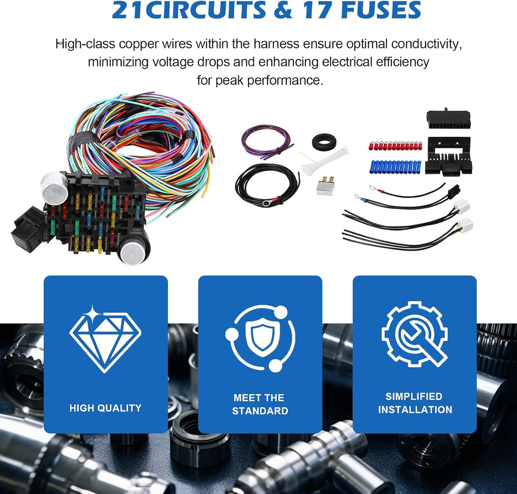 Universal Wiring Harness Kit - 21 circuit wiring harness Standard Color Wire Harness Kit Replacment for Chevy Mopar Hotrods Ratrods Ford Chrysler Universal Automotive Wiring