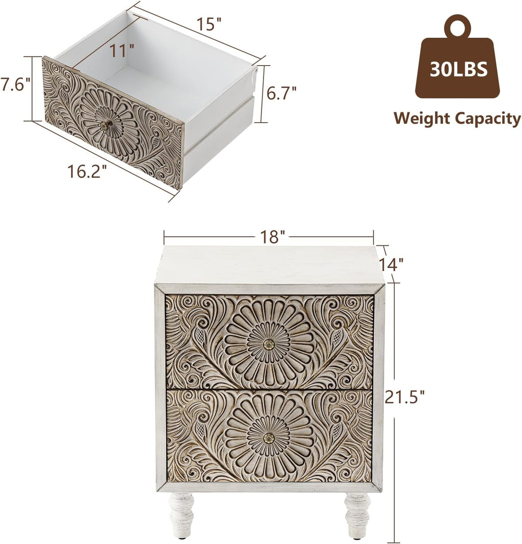 COSIEST Nightstand, 14' D x 18' W x 21.5' H MDF End Table with 2 Drawers, Vintage Style Wood Bedside Table, Bedroom Accessories for Home, Office, College Dorm