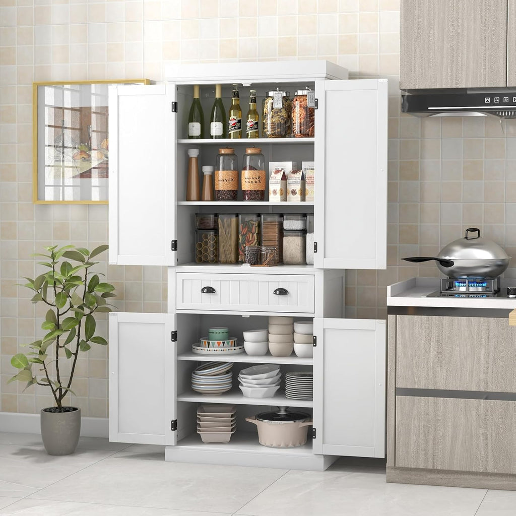 Giantex Pantry Organizers and Storage, 72' Tall Kitchen Cabinet with 2-Door Cabinets & Drawer, Buffet Sideboard w/Adjustable Shelves, Wooden Freestanding Cupboard for Dining Room Living Room (White)