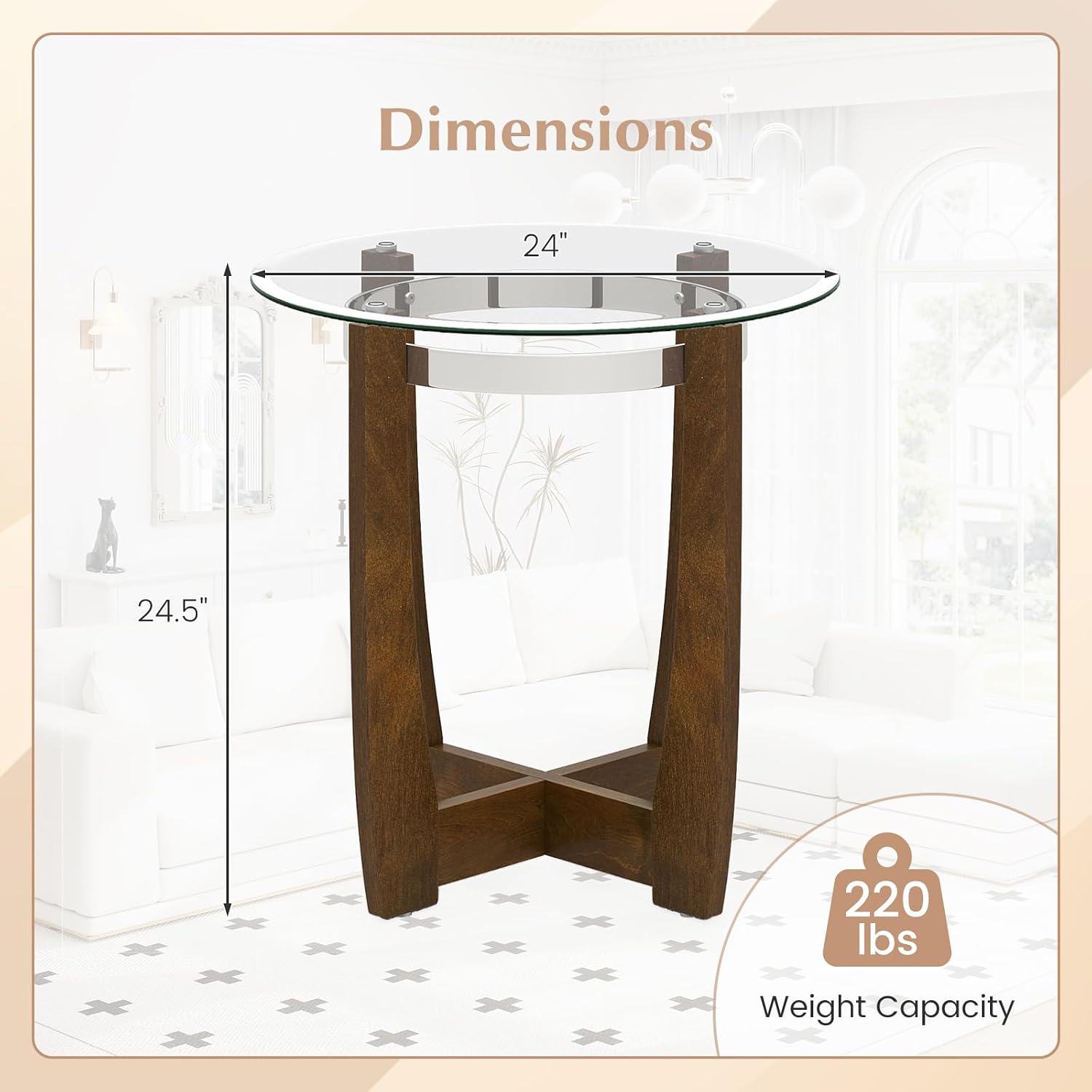 Giantex Round Glass End Table Set of 2, 24'' Side Table with Tempered Glass Top, Nightstands with Cross & Solid Rubber Wood Base, Compact Bedside Night Stand for Bedroom Office Living Room (2, Walnut)