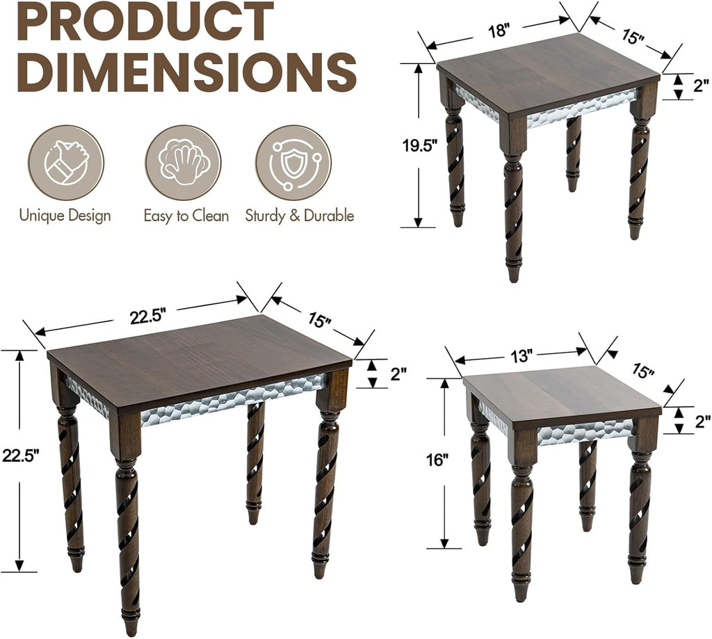 Hyfirm Nesting Tables Set of 3, Walnut Mid Century Modern Accent Tables with Spiral Rubber Wood Legs & Silver Honeycomb Apron, Retro Stackable Side Tables for Living Room, Bedroom & Small Apartments