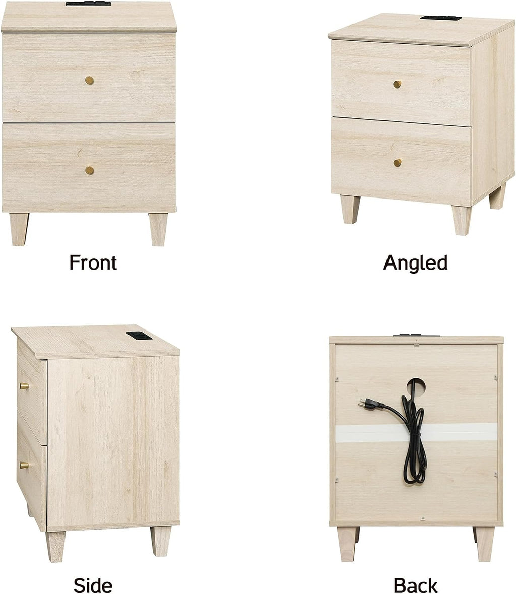 WAMPAT Nightstands with Charging Station & 2 Drawers, Set of 2 Modern Mid-Century End Tables Wooden Bedside Table for Living Room, Bedroom Storage, Light Oak