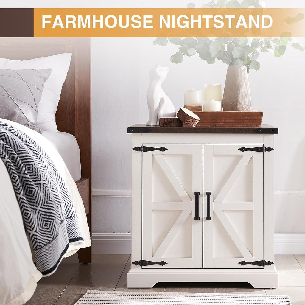 Barnyatoh Farmhouse End Table with Charging Station,24' Large Sofa Side Table with Barn Door, Rustic Wood Square Nightstand Bedside Table with Adjustable Shelf for Living Room, Bedroom,Antique White