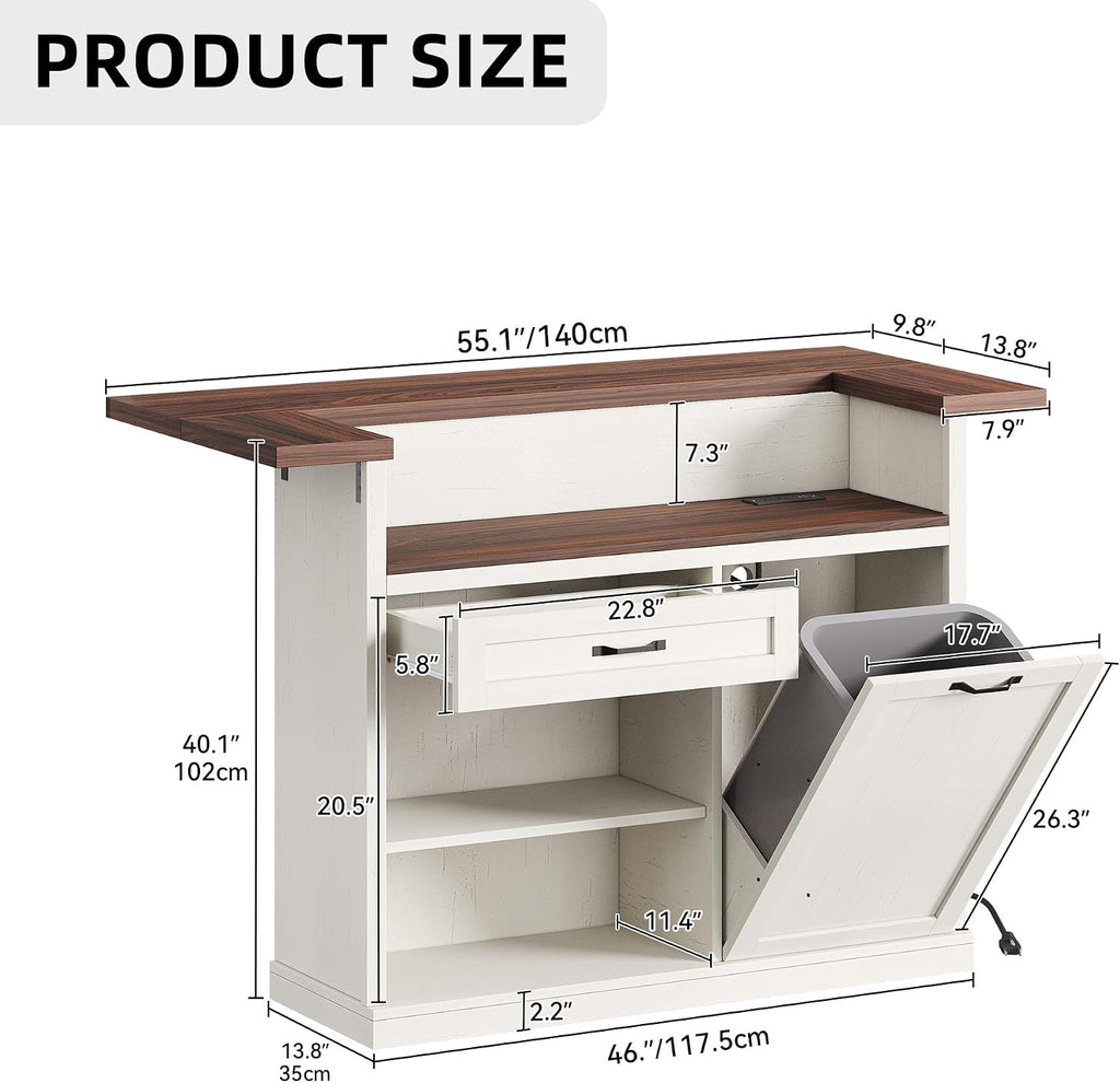 Kitchen Island with Storage, Rolling Kitchen Islands with Storage, 55' W Large Island Table, Breakfast Bar Counter with Drop Leaf, Trash Can Cabinet, Power Outlet for Dining Room, Walnut
