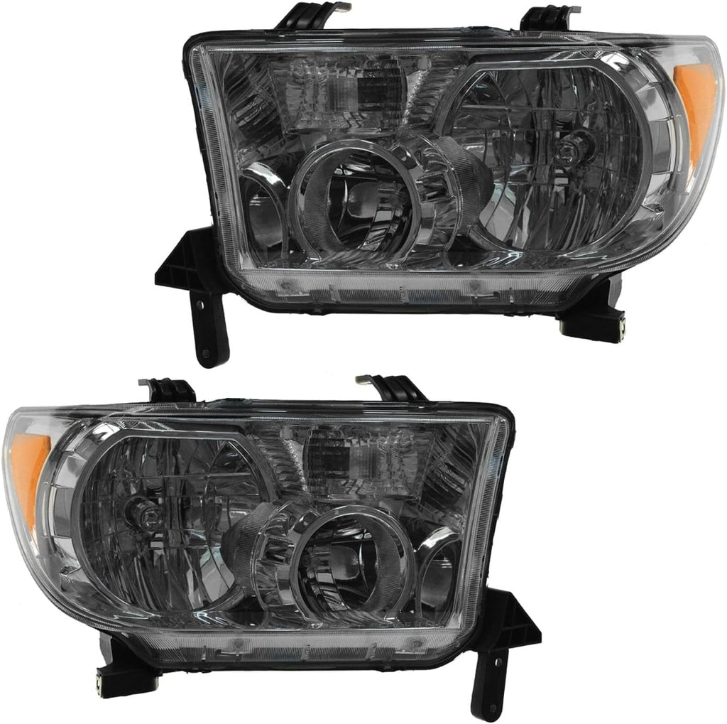 TRQ Driver and Passenger Side Headlight Assembly Set Chrome Housing Compatible with 2007-09 Toyota Tundra 2010-13 Toyota Tundra without Automatic Leveling Headlights 2008-17 Sequoia