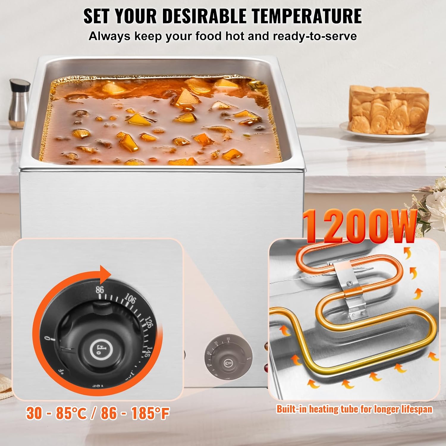 VEVOR Commercial Food Warmer 24QT Bain Marie 1200W Electric Buffet Steam Table - Countertop Stainless Steel for Wet or Dry Use - Parties, Catering and Restaurant