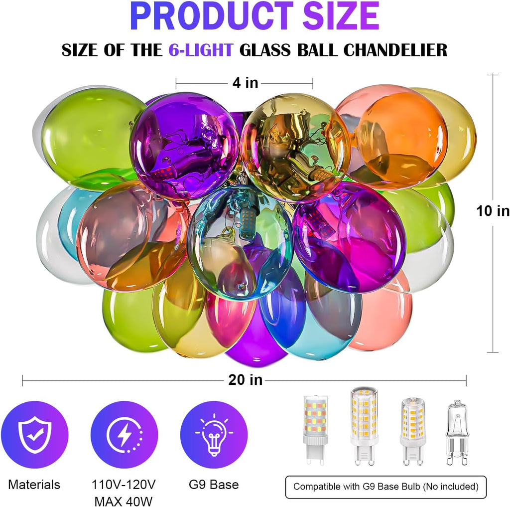 Semi Flush Mount Bubble Chandelier,Close to Ceiling Light Fixtures,16' Modern Bubble Balloon Glass Chandelier with Colorful Globe Glass Shades Pendant Light (Colorful Ceiling, 20 inch)