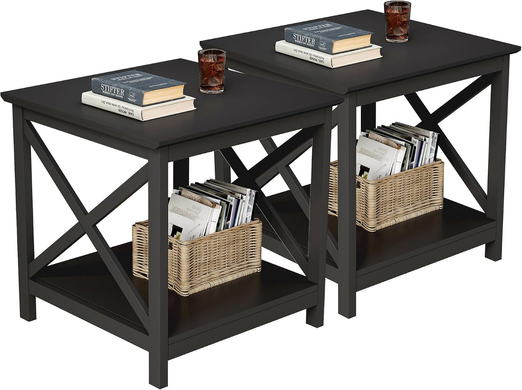 ChooChoo End Tables Set of 2, 24 Inch End Table with 2-Tier Storage Shelf, Side Table for Living Room, Wood Nightstand for Bedroom, Office, Painted Surface, Black