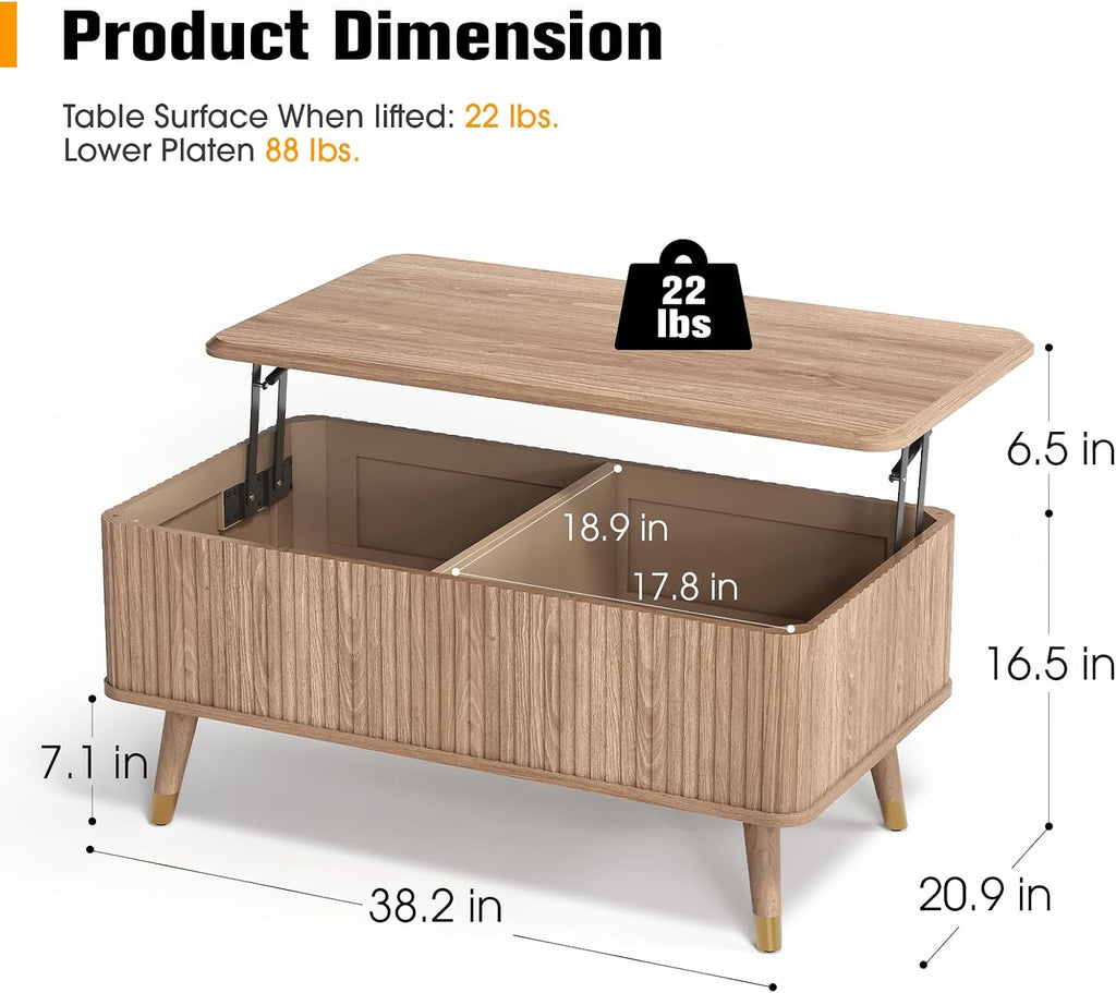 Lift Top Coffee Table with Storage, Mid Century Modern Coffee Table with Solid Wood Legs, 38' Minimalist Fluted Center Table for Living Room, Home Office, Natural Oak