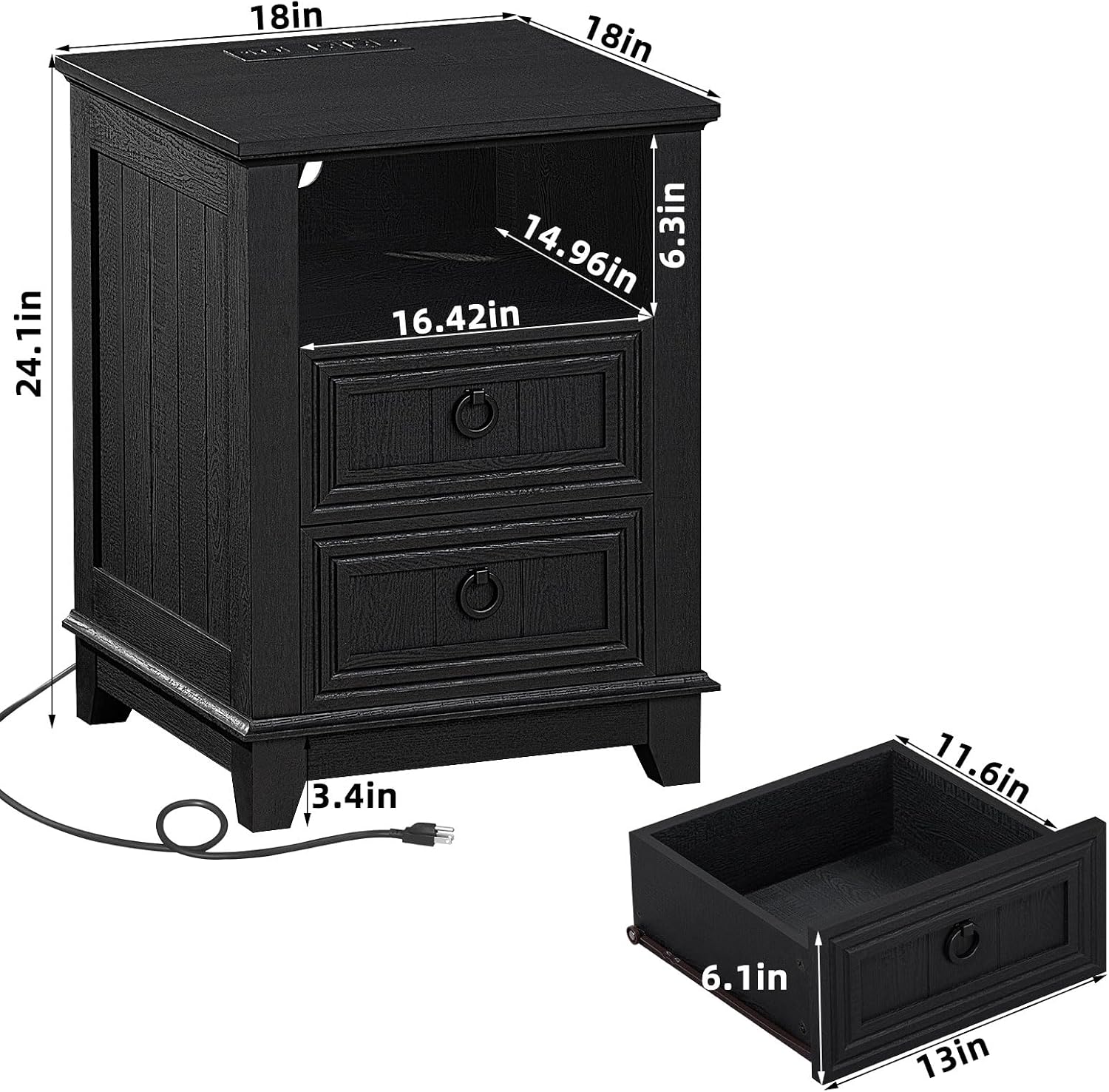 Joaxswe 18' Farmhouse Night Stand with Charging Station, 2 Drawers End Table Dresser for Bedroom, Black Wooden Nightstand, Bed Side Table with Open Shelf, Bedside Cabinet for Living Room, Closet