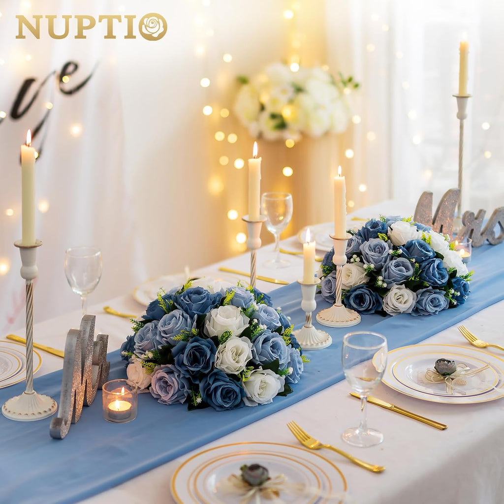 NUPTIO Artificial Flower Centrepieces for Tables - 10 Pcs Dusty聽Blue & White Fake Flowers Roses Balls 13.8in Diameter - Silk Faux Rose Arrangement for Wedding Party Centerpiece Table Decorations
