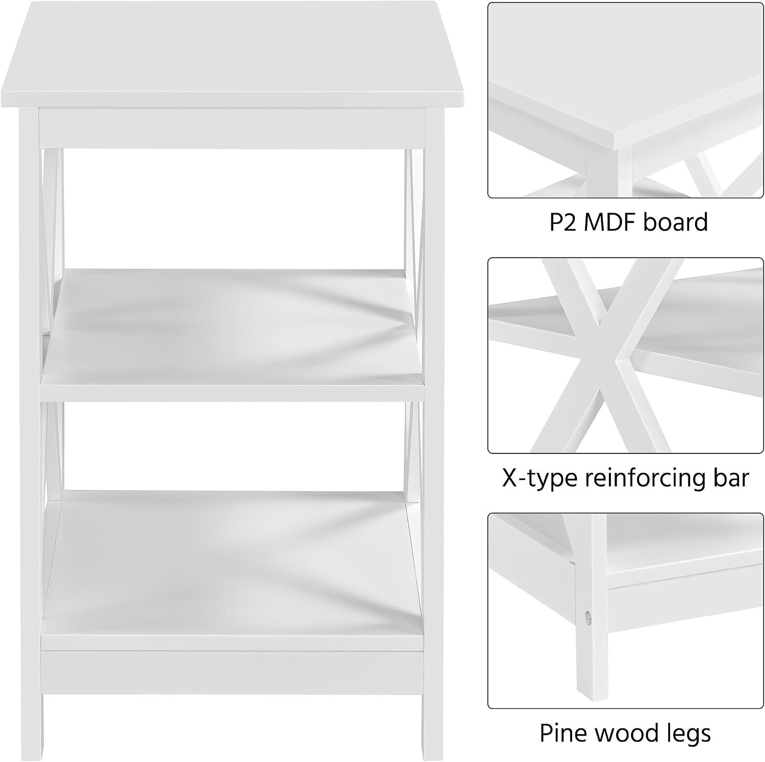 Yaheetech 3 Piece Living Room Wood Table Set, X-Design Coffee Table with Shelf & 2 x 3-Tier End Side Tables Storage Cabinet for Living Room, Accent Furniture, White