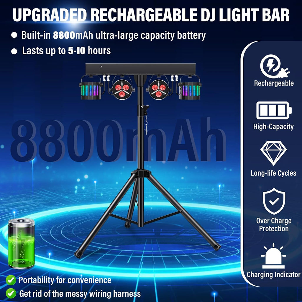 Telbum Rechargeable DJ Lights with Stand Wireless DJ Gig Bar Light Package Battery Powered Sound Activated LED Stage Lighting System with Bag DMX & Remote for Party Club Shows Booth Band Wedding