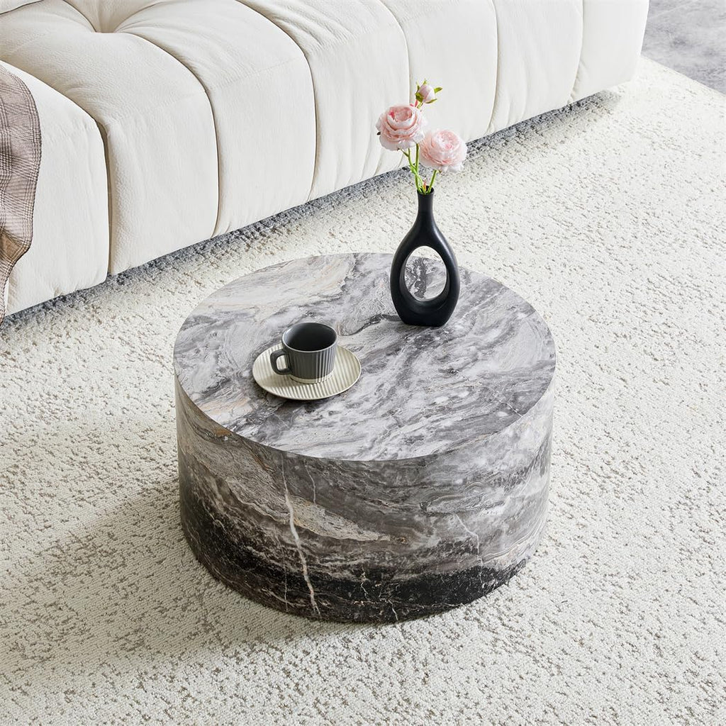 Round Coffee Table Living Room Table - Modern Faux Marble Design with Wood Accents in Grey,No Assembly Required - Ready to Use,Space-Saving