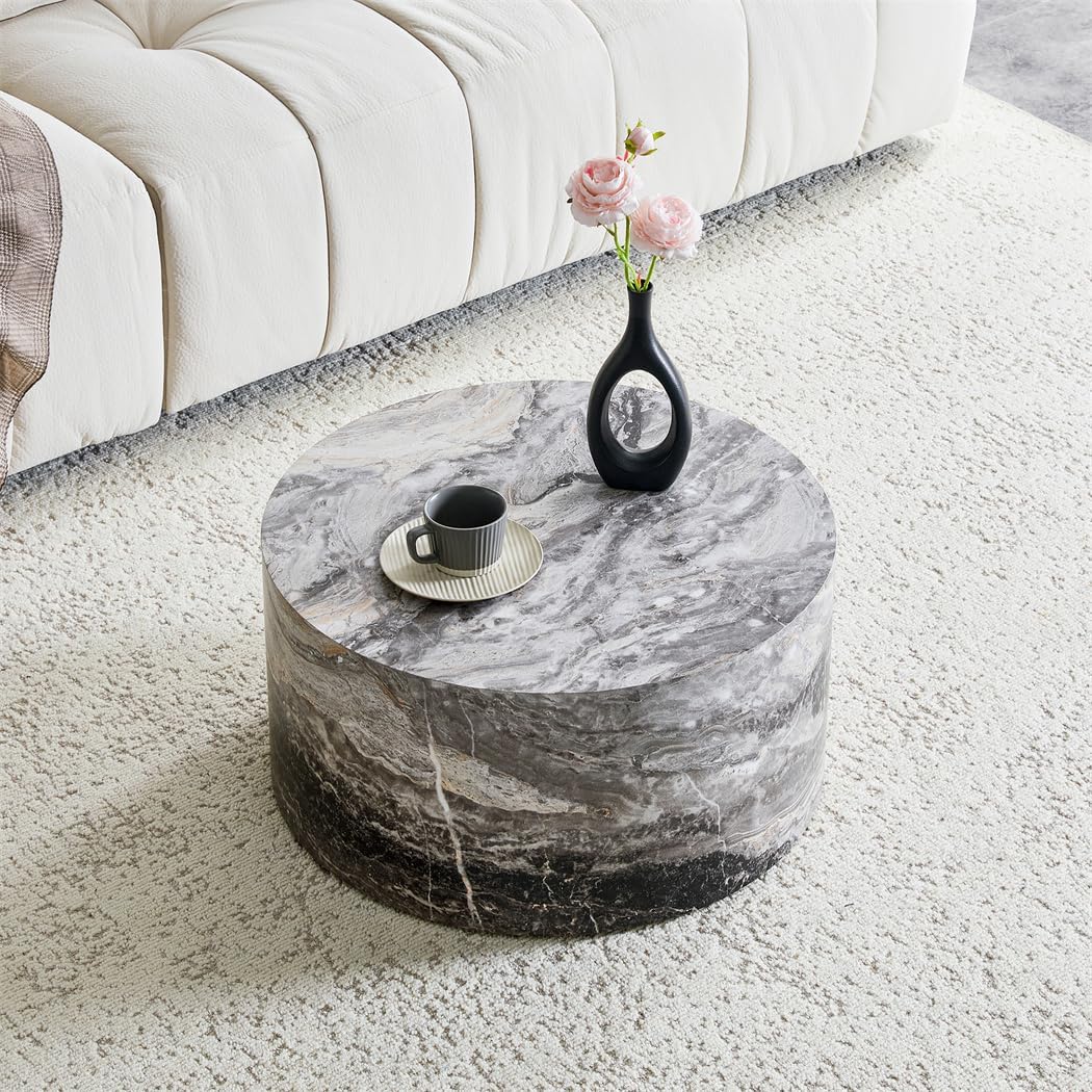 Round Coffee Table Living Room Table - Modern Faux Marble Design with Wood Accents in Grey,No Assembly Required - Ready to Use,Space-Saving