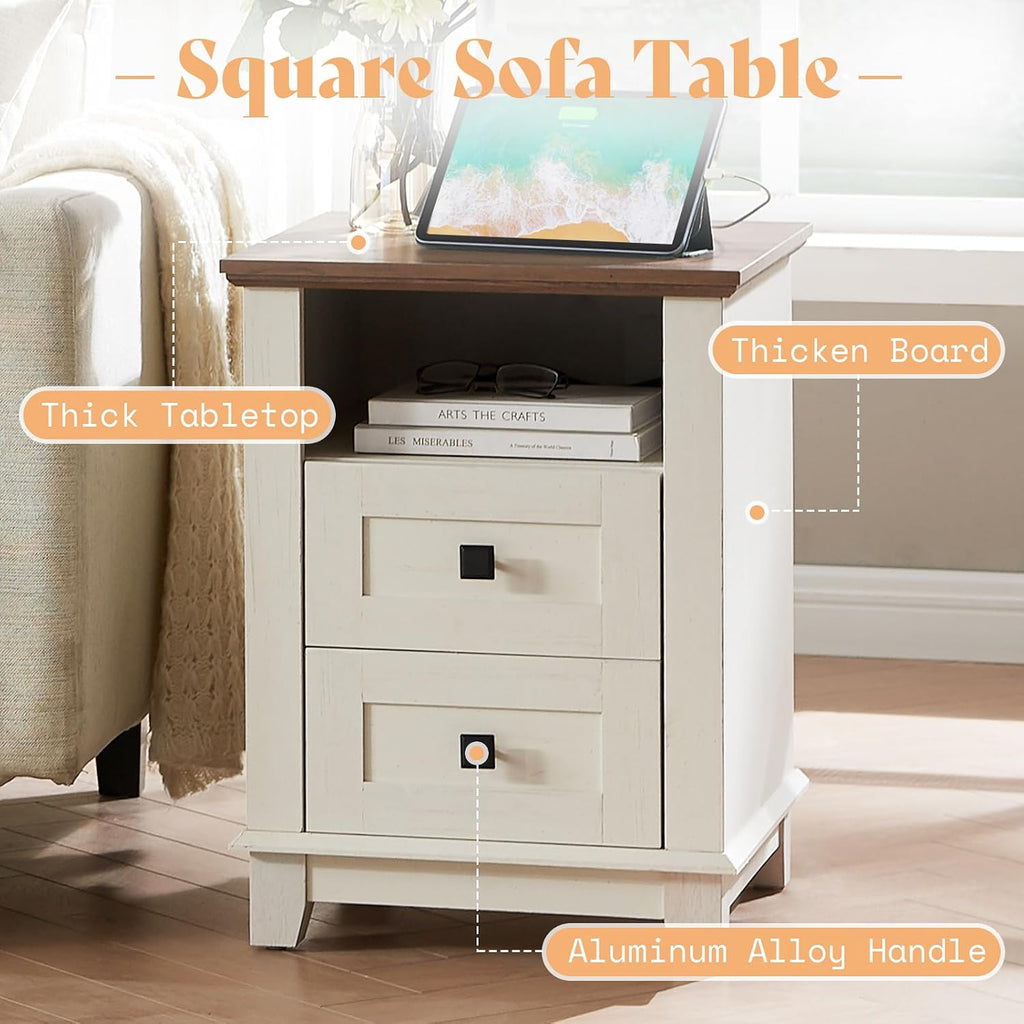 AMERLIFE 18' Farmhouse Nightstand Set of 2, End Table with Charging Station, with 2 Storage Drawers, Bedside Table with USB Ports, Rustic White