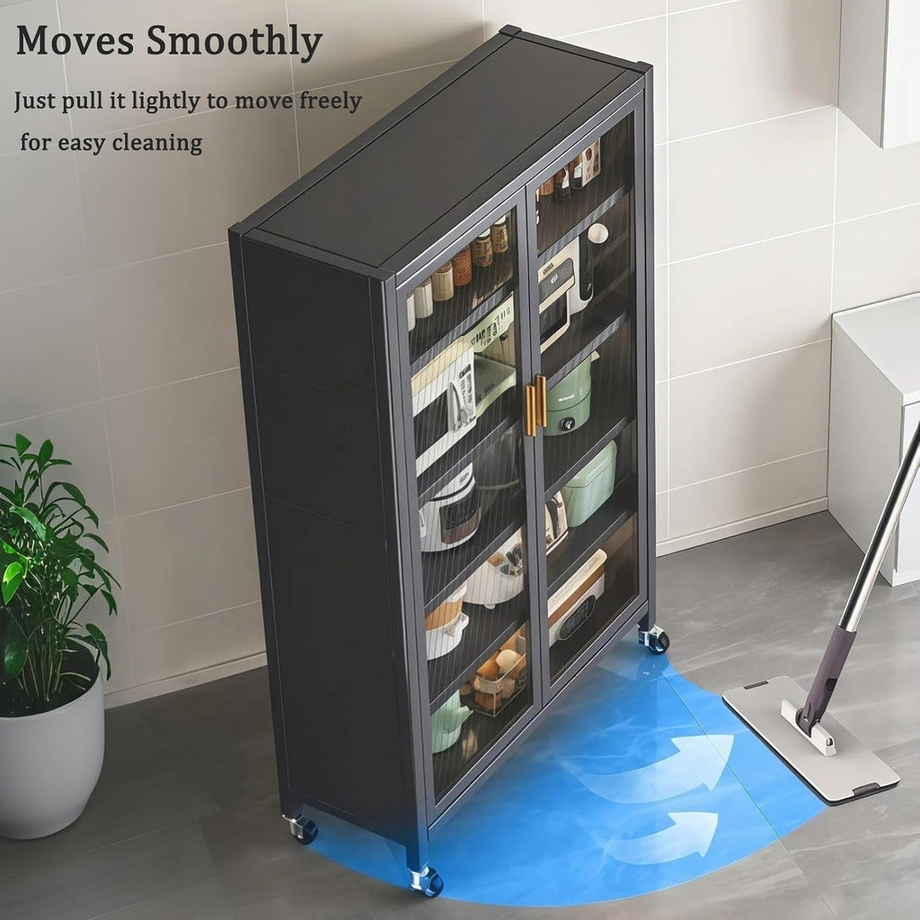 65' Kitchen Pantry Storage Cabinet, 6 Tier Metal Display Storage Cabinet with Transparent Door, Adjustable Shelves & Wheels, Food Pantries Cabinets, for Kitchen, Living Room