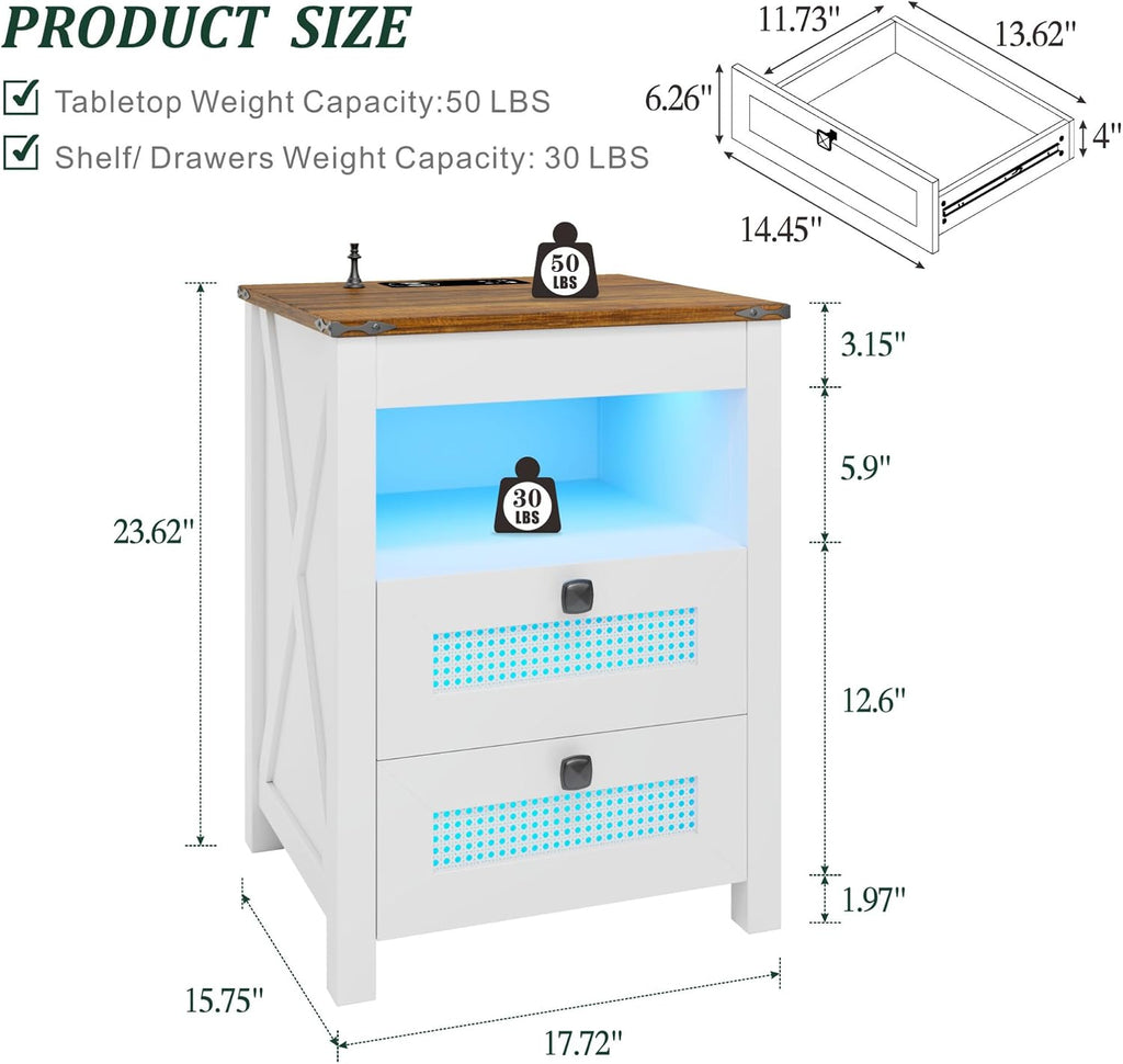 Nightstand with Gun Drawer, Rattan Bedside Table with Charging Station, LED End Table with Human Sensor Light, Gun Night Stand for Bedroom Living Room, Farmhouse Design, White