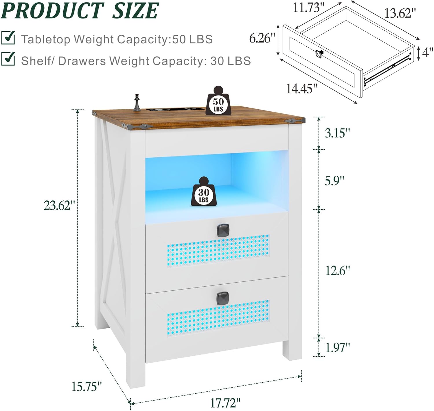 Nightstand with Gun Drawer, Rattan Bedside Table with Charging Station, LED End Table with Human Sensor Light, Gun Night Stand for Bedroom Living Room, Farmhouse Design, White