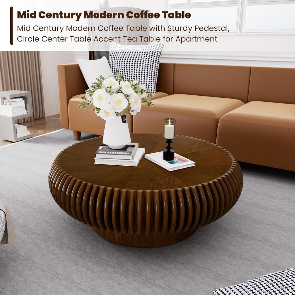 Round Drum Coffee Table for Living Room, Mid Century Modern Coffee Table with Sturdy Pedestal, Farmhouse Fluted Circle Center Table Accent Tea Table for Apartment (31.5' Walnut)