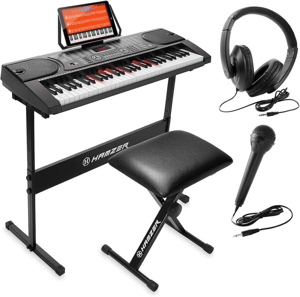 Hamzer 61 Key Keyboard Piano with Lighted Keys, Beginner Electronic Piano Keyboard Set with Stand, Bench, Headphones, Microphone, Keynote Stickers