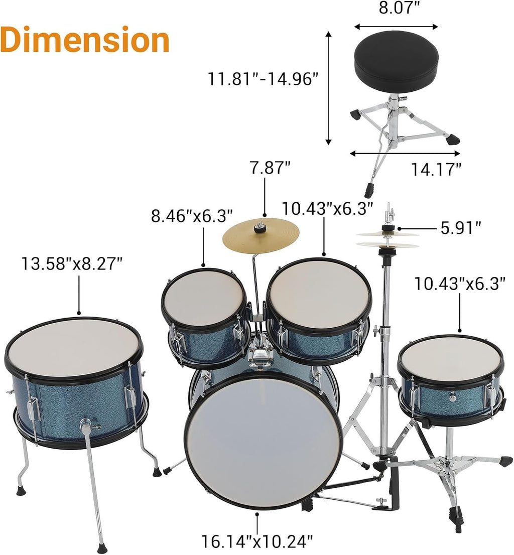 Five Drum Set - Wooden/Metal Construction, Play Music,Throne Stool, Cymbal, Drum Sticks, Bass Drum Pedal,for Beginners