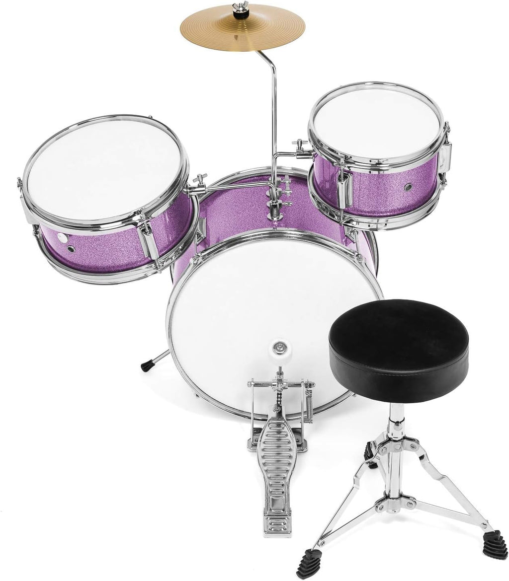 Ashthorpe 3-Piece Complete Drum Set - Beginner Kit with 14' Bass, Adjustable Throne, Cymbal, Pedal & Drumsticks - Purple