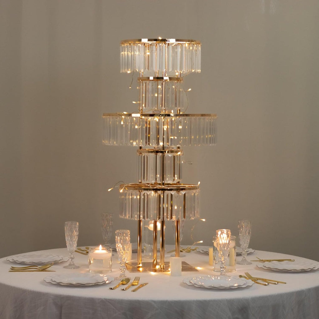 Efavormart 5-Tier Crystal Pendant Table Centerpiece Chandelier, Round Gold Metal Flower Stand – 40' Tall Wedding Pedestal Vase