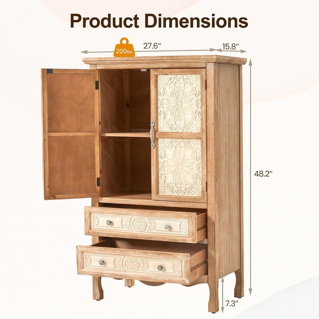 RoyalCraft 48' Tall Accent Cabinet with 2 Carved Doors and 2 Drawers，Vintage Wood Cabinet with Storage, French Country Sideboard Buffet for Small Spaces, Dining Room, Living Room & Entryway
