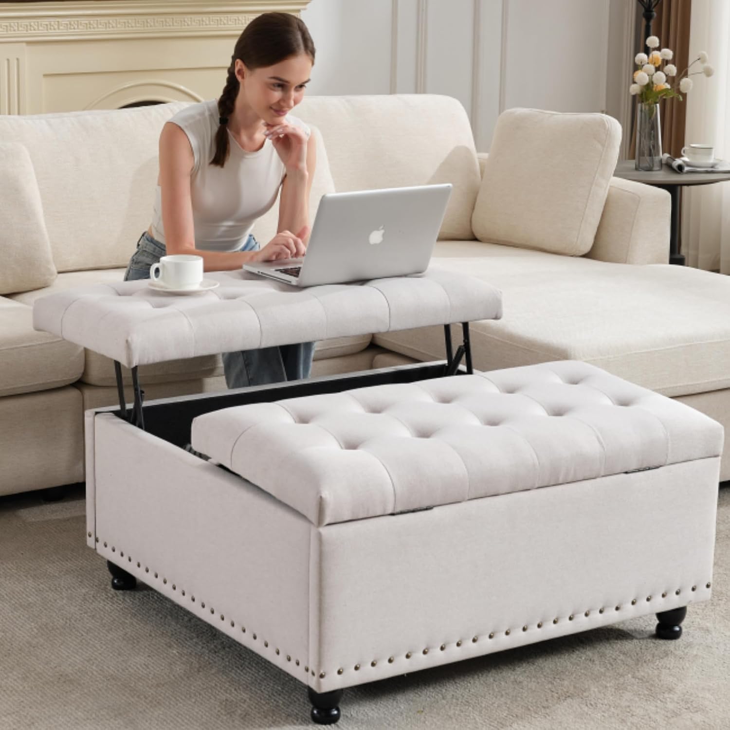 Tbfit Large Square Storage Ottoman Bench, Tufted Upholstered Coffee Table with Lift Top & Solid Wood Legs, Oversized Storage Ottomans Toy Box for Living Room (Beige)