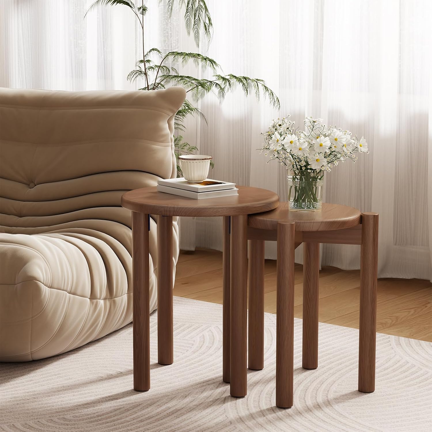 Solid Wood Stackable Stools Set of 4, 100% Wooden Stool No Installation Required Walnut Side Table Multifunctional Space Saving 18 Inch Round Stool Modular Interlocking Coffe Table for Living Room