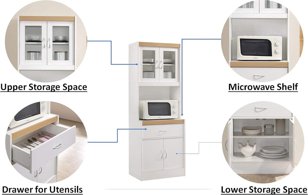 Hodedah Long Standing Kitchen Cabinet with Top and Bottom Enclosed Cabinet Space, One Drawer, Large Open Space for Microwave, White