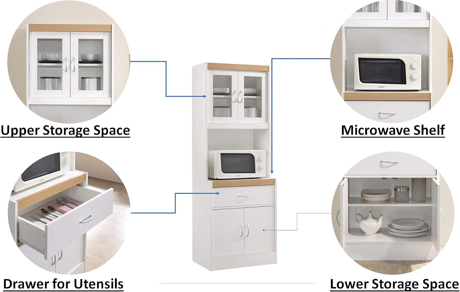 Hodedah Long Standing Kitchen Cabinet with Top and Bottom Enclosed Cabinet Space, One Drawer, Large Open Space for Microwave, White