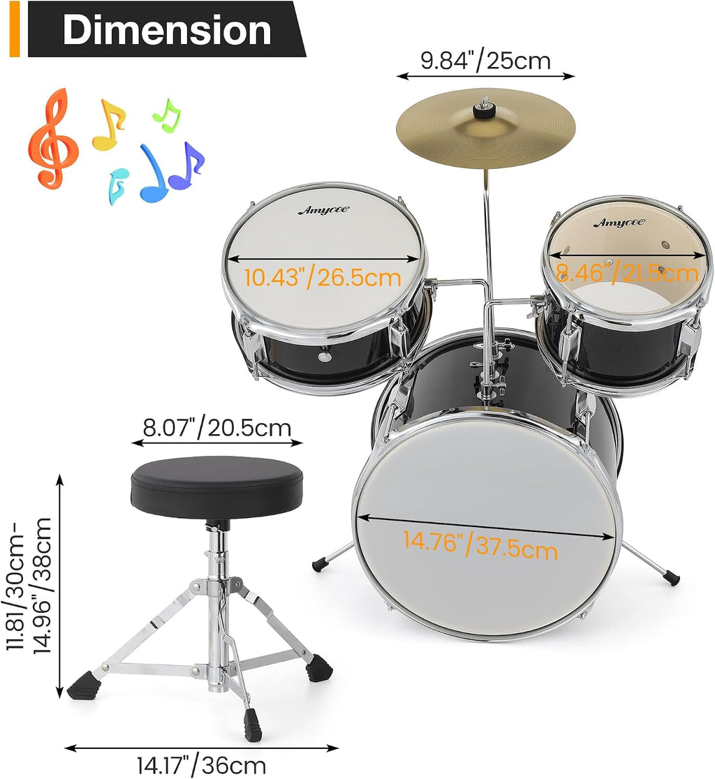 3-Piece Beginner Drum Set, Beginner Drum Set,with Bass Tom Snare Drum, 14 Inch Drum Kit with Snare, Cymbal, Drumsticks, Adjustable Seat (Metallic Black)