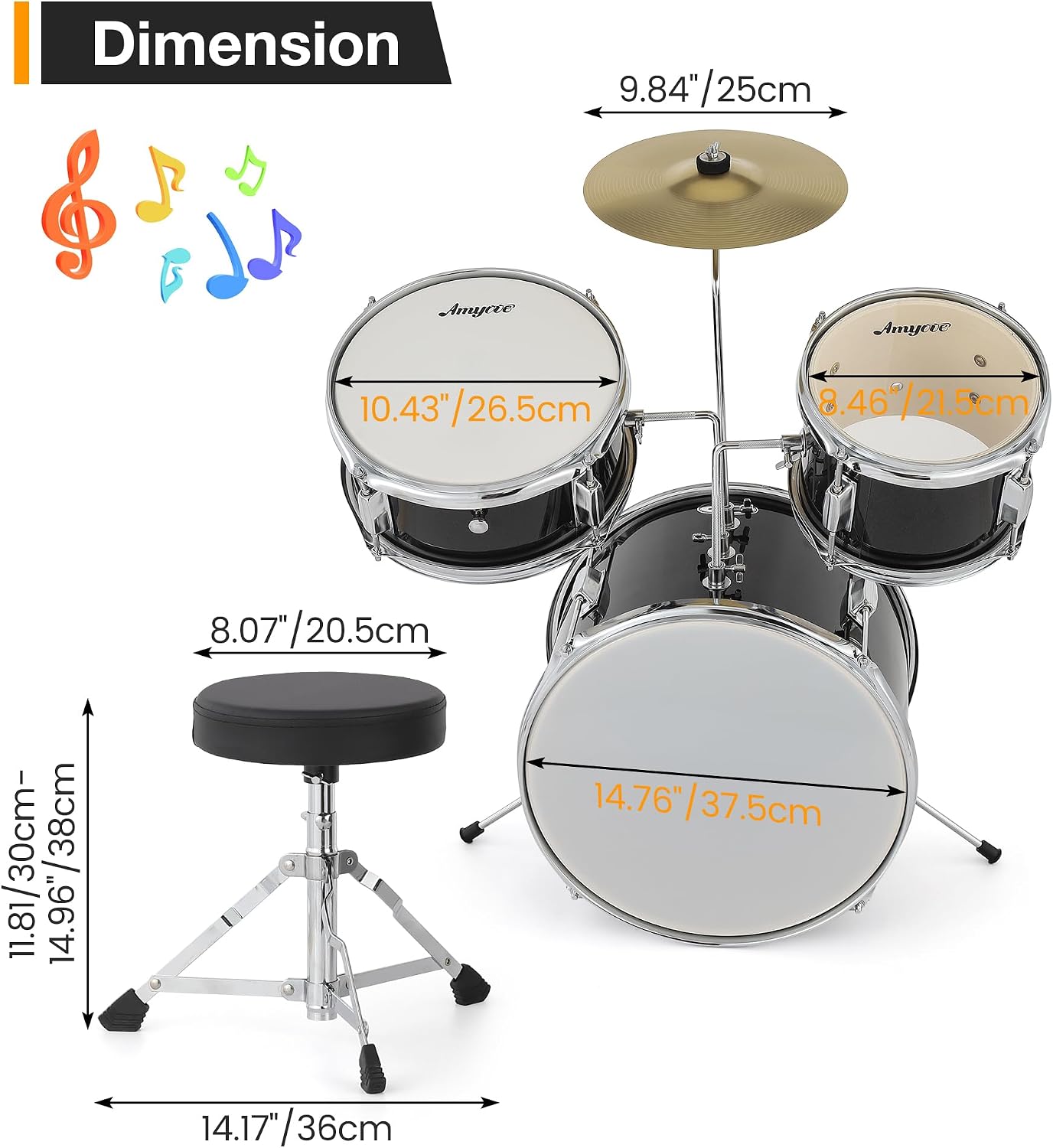 3-Piece Beginner Drum Set, Beginner Drum Set,with Bass Tom Snare Drum, 14 Inch Drum Kit with Snare, Cymbal, Drumsticks, Adjustable Seat (Metallic Black)