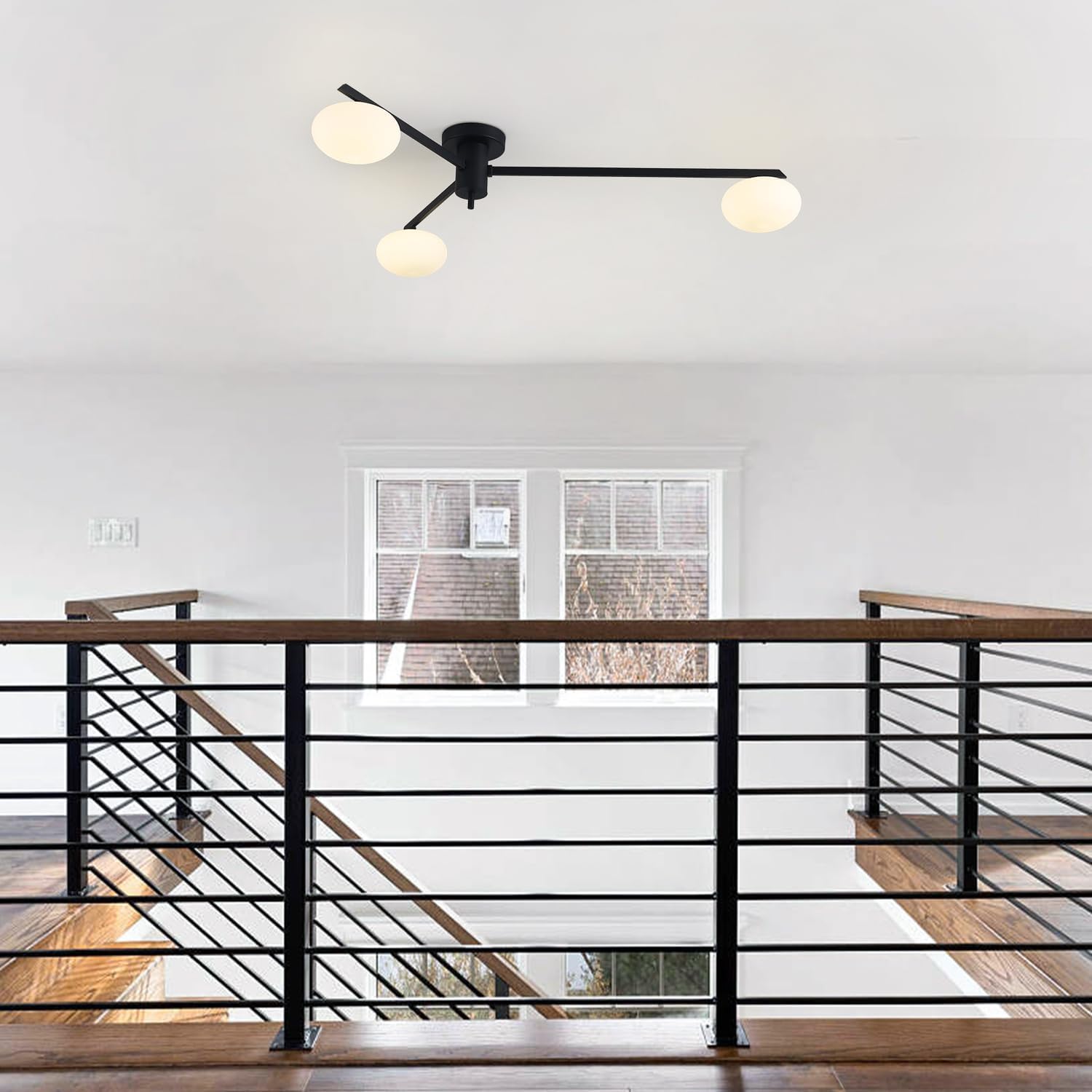 3-Light Modern Sputnik Chandelier with Milk Glass Shade - Black Flush Mount Ceiling Light for Kitchen