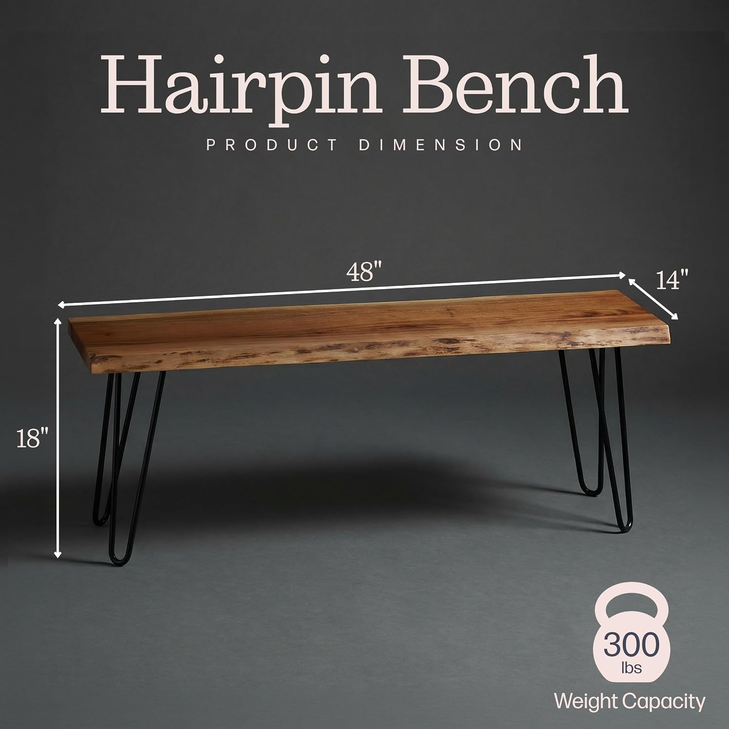 Alaterre Furniture Live Edge Wood Bench with Hairpin Metal Legs - Industrial Modern Entryway Bench with Minimalist Design - Furniture for Entryway, Dining Room, Kitchen, or Bedroom (48 Inch)