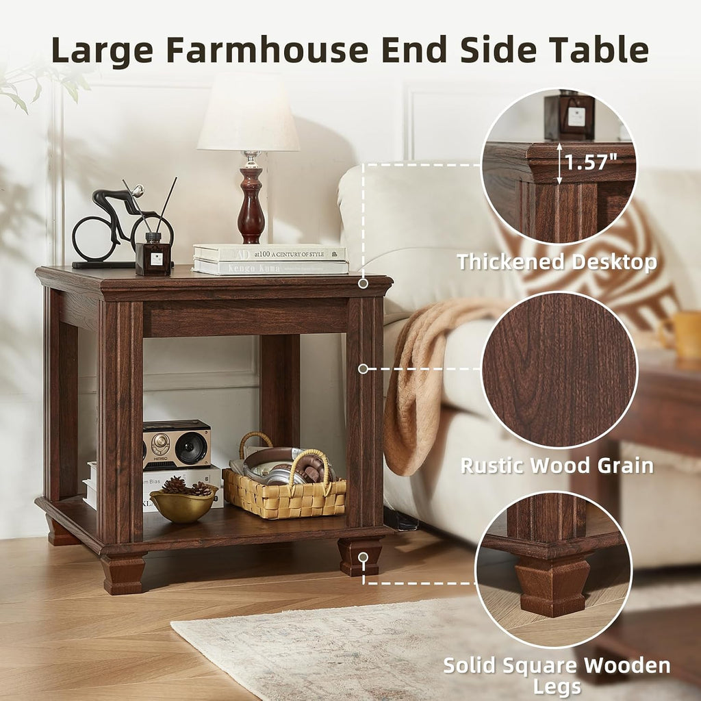 SAVOR LIFE Farmhouse End Table Set of 2,Large Side Table with 2-Tier Storage Shelf,Rustic Brown End Tables for Living Room,Square Tea Table,Walnut