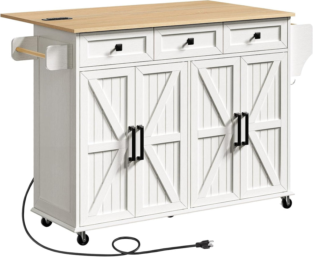 RALGEND Kitchen Island with Drop Leaf & Power Outlet, Rolling Kitchen Island Cart On Wheels, Barn Door Kitchen Island Table with Storage and Tower Rack, Island Table for Kitchen, White and Natural