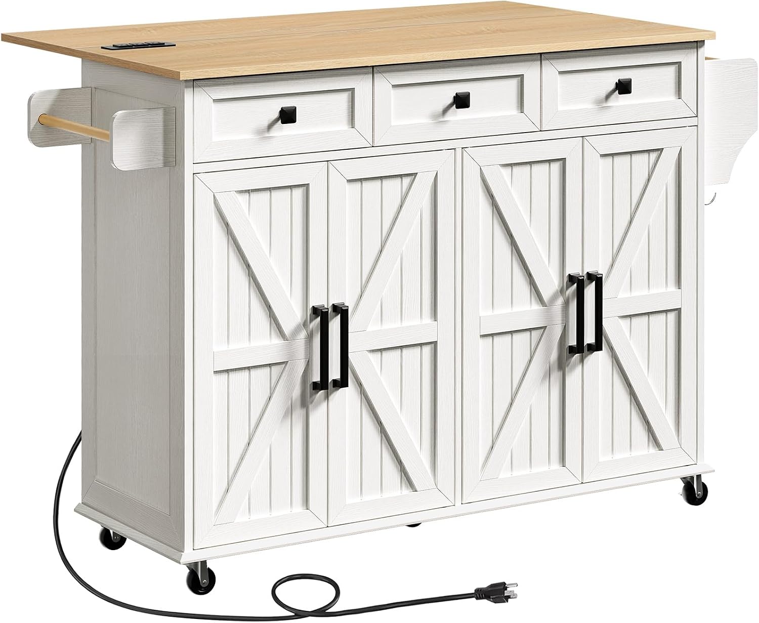 RALGEND Kitchen Island with Drop Leaf & Power Outlet, Rolling Kitchen Island Cart On Wheels, Barn Door Kitchen Island Table with Storage and Tower Rack, Island Table for Kitchen, White and Natural