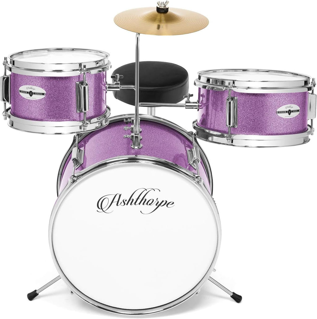 Ashthorpe 3-Piece Complete Drum Set - Beginner Kit with 14' Bass, Adjustable Throne, Cymbal, Pedal & Drumsticks - Purple
